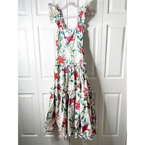 La DoubleJ Scarlett White Floral Print Ruffle Sleeve Maxi Dress Women's Medium M